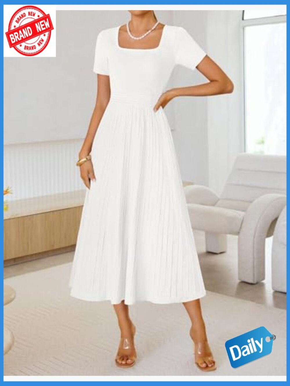 Pleated Midi Sweater Dress - Short Sleeve A-Line Business Casual Swing Dress - Picture 4 of 7